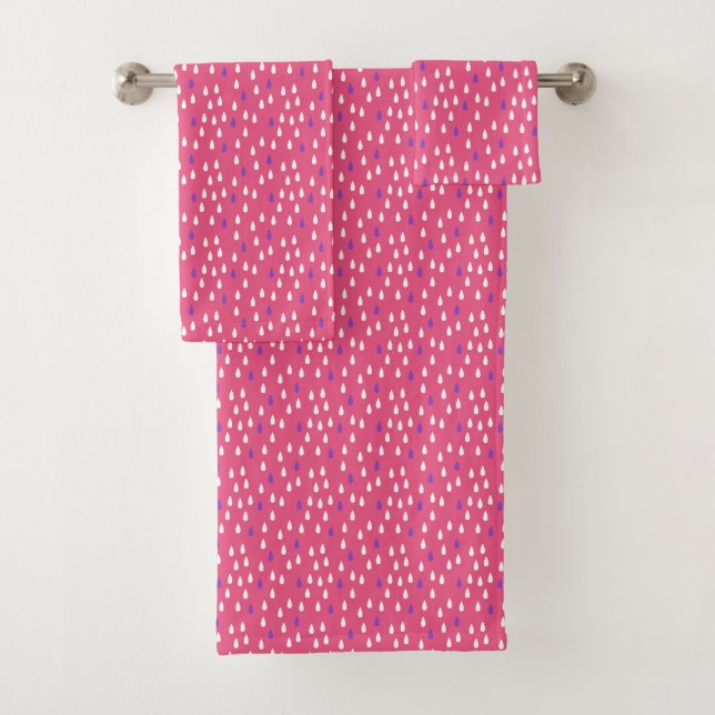 Rainy Day Pink Purple White Raindrops Pattern Bath Towel Set (Insitu)