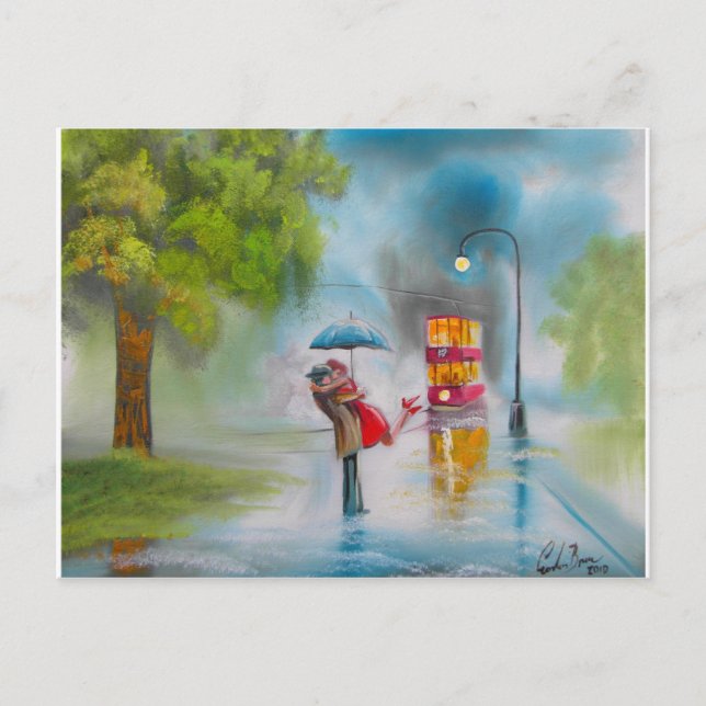 Rainy day red tram romantic couple umbrella postcard (Front)