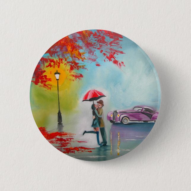 RAINY DAY RED UMBRELLA ROMANTIC COUPLE 6 CM ROUND BADGE (Front)