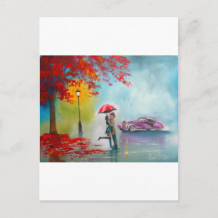 RAINY DAY RED UMBRELLA ROMANTIC COUPLE POSTCARD