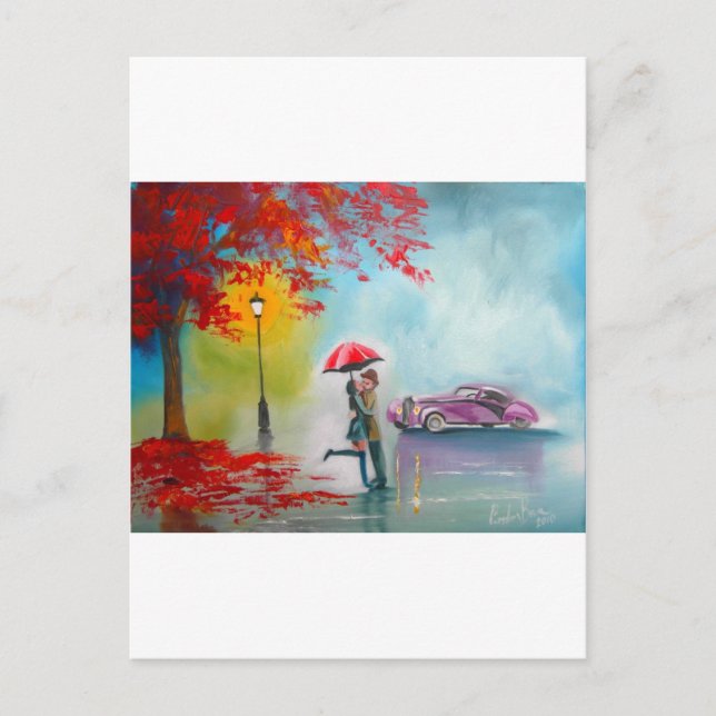 RAINY DAY RED UMBRELLA ROMANTIC COUPLE POSTCARD (Front)