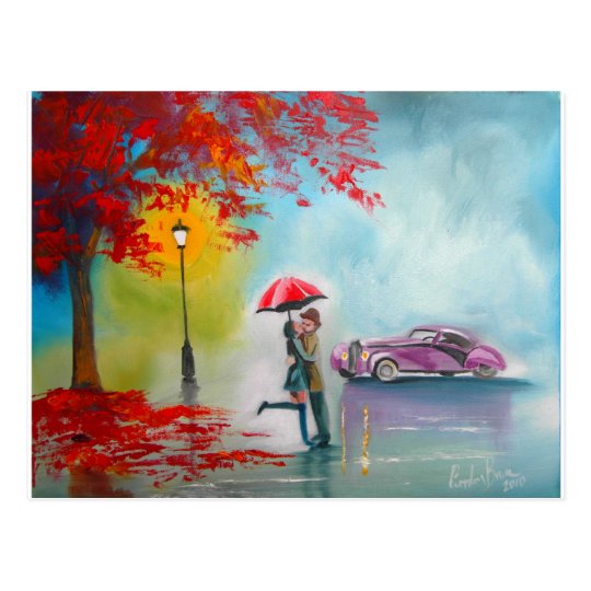 RAINY DAY RED UMBRELLA ROMANTIC COUPLE POSTCARD