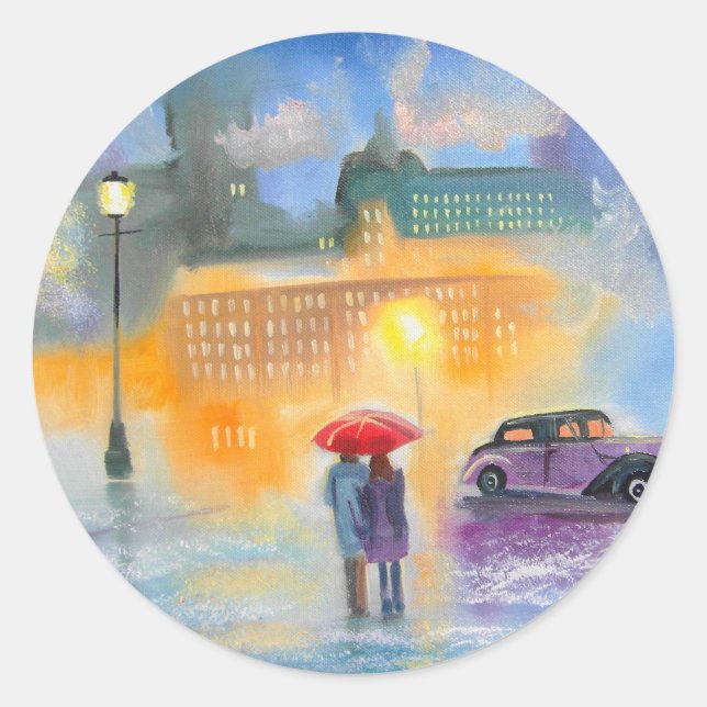 Rainy day red umbrella romantic couple walk classic round sticker (Front)