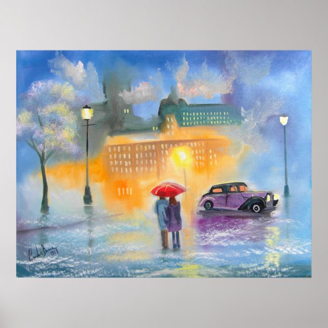 Rainy day red umbrella romantic couple walk poster (Front)