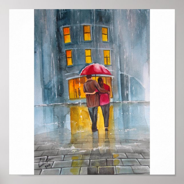 RAINY DAY RED UMBRELLA street scene PAINTING Poster (Front)