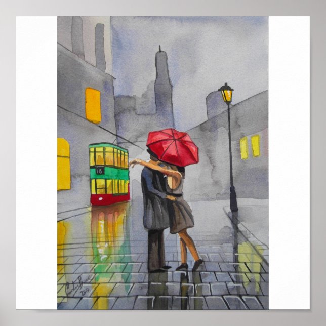 RAINY DAY RED UMBRELLA tram street scene PAINTING Poster (Front)