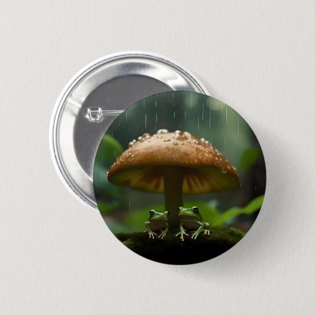 Rainy Day Refuge: Frogs Sheltering Under Mushroom 6 Cm Round Badge (Front & Back)