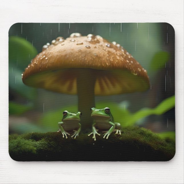Rainy Day Refuge: Frogs Sheltering Under Mushroom Mouse Mat (Front)