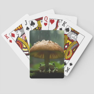 Rainy Day Refuge: Frogs Sheltering Under Mushroom Playing Cards