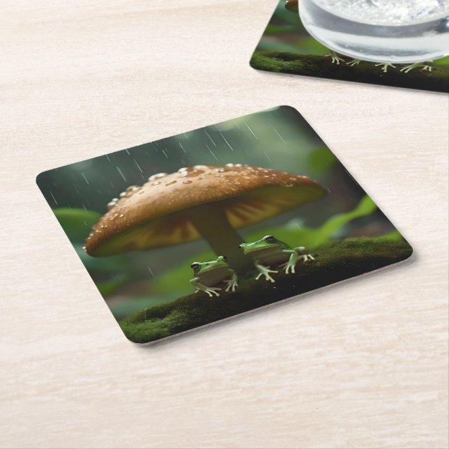 Rainy Day Refuge: Frogs Sheltering Under Mushroom Square Paper Coaster (Angled)