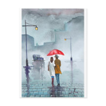 Rainy day romantic couple red umbrella painting