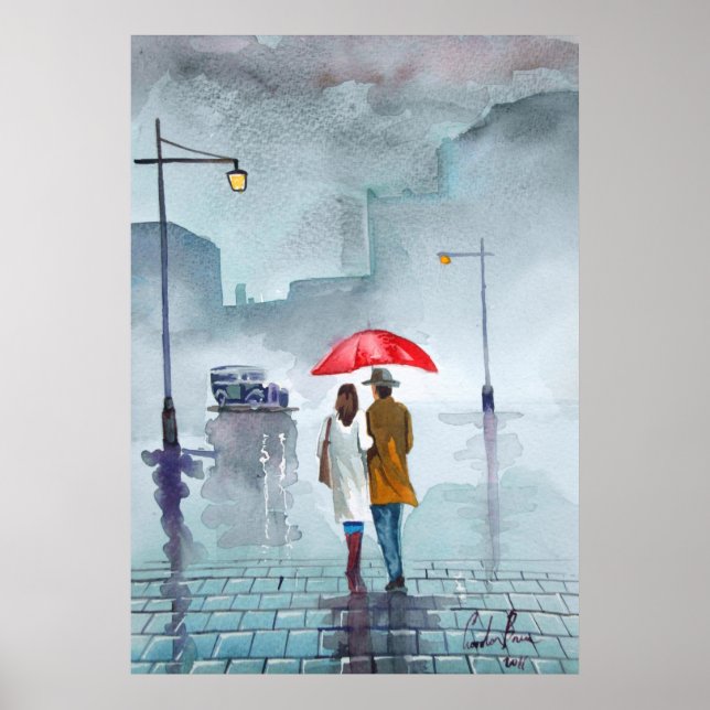 Rainy day romantic couple red umbrella painting poster (Front)