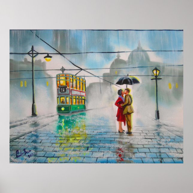 rainy day romantic couple umbrella tram painting poster (Front)