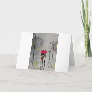 RAINY DAY UMBRELLA RED TRAM romantic couple Card