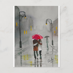 RAINY DAY UMBRELLA RED TRAM romantic couple Postcard