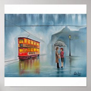 RAINY DAY UMBRELLA ROMANTIC COUPLE TRAM POSTER