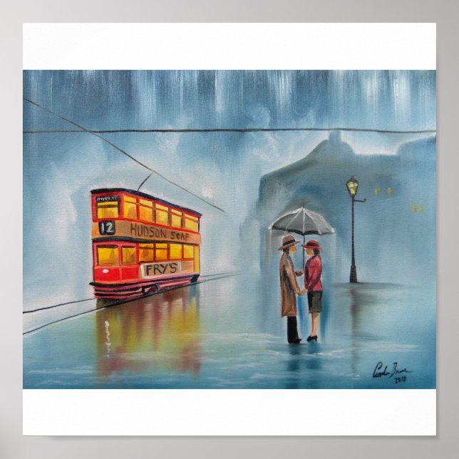 RAINY DAY UMBRELLA ROMANTIC COUPLE TRAM POSTER (Front)