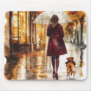 Rainy Day Walk Girl Dog Burgundy Jacket City Mouse Mat