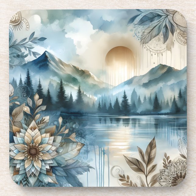 Rainy Day Watercolor Mountain Lake Rustic Boho Coaster (Front)