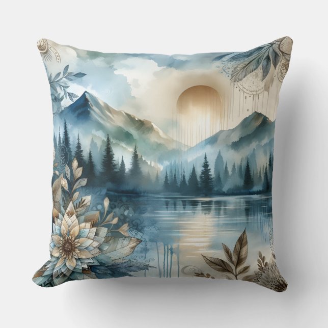 Rainy Day Watercolor Mountain Lake Rustic Boho Cushion (Front)