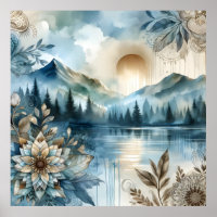 Rainy Day Watercolor Mountain Lake Rustic Boho