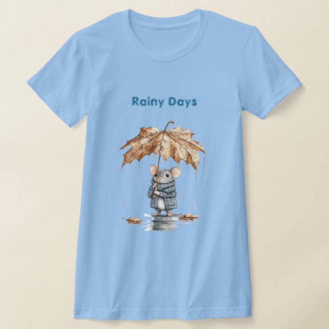 Rainy Days Blue Mouse Leaf Umbrella T-Shirt (Laydown)