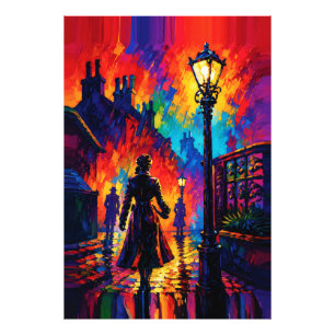 Rainy Evening Stroll Under Streetlamp Glow Photo Print