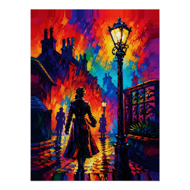 Rainy Evening Stroll Under Streetlamp Glow Poster (Front)