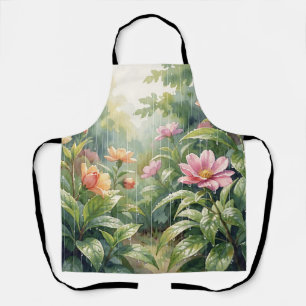 Rainy Garden Camellia Flowers Watercolor Apron