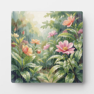Rainy Garden Camellia Flowers Watercolor Plaque