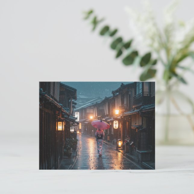 Rainy Kyoto Evening – Tranquil Streets in Gion Holiday Postcard (Standing Front)