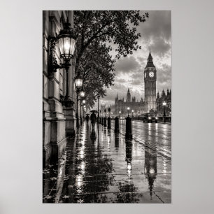 Rainy London Big Ben Black and White Wall Art