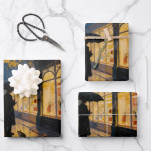 Rainy London Street with Cat & Phone Booth Wrapping Paper Sheet