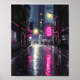 Rainy Neon City Alley - Modern Cyberpunk Tokyo Nig Poster
