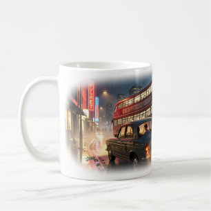 Rainy Neon Double Decker City Night Mug