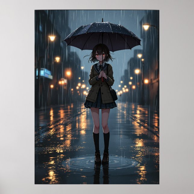Rainy Night Anime Girl with Umbrella Poster (Front)