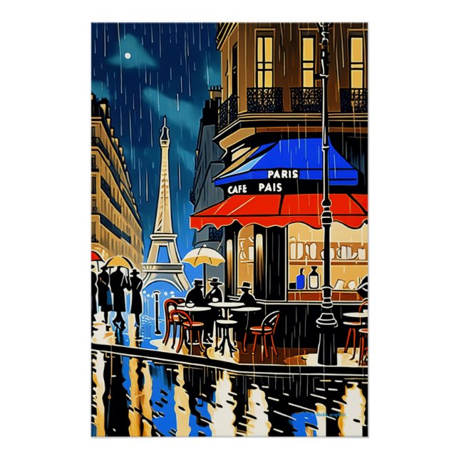 Rainy Night in Paris: Vintage Cafe Poster (Front)