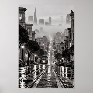 Rainy San Francisco Cable Car Black and White Wall Poster