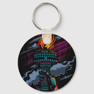Rainy Statue of Liberty Torch Art Purple Teal NYC Key Ring