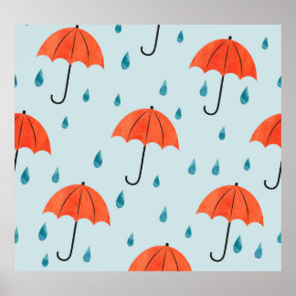 Rainy Umbrellas: Watercolor Autumn Drops Poster
