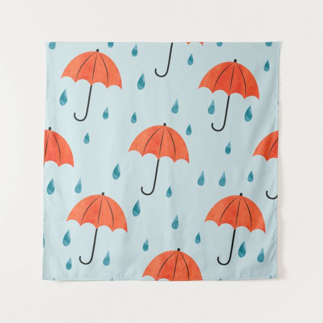 Rainy Umbrellas: Watercolor Autumn Drops Tapestry (Front)