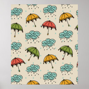 Rainy Water drops and Umbrellas Poster