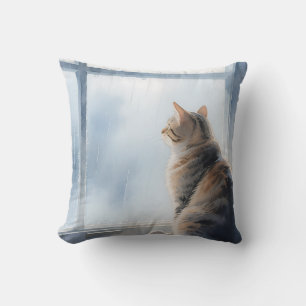 Rainy Window Watercolor Tabby Cat Cushion