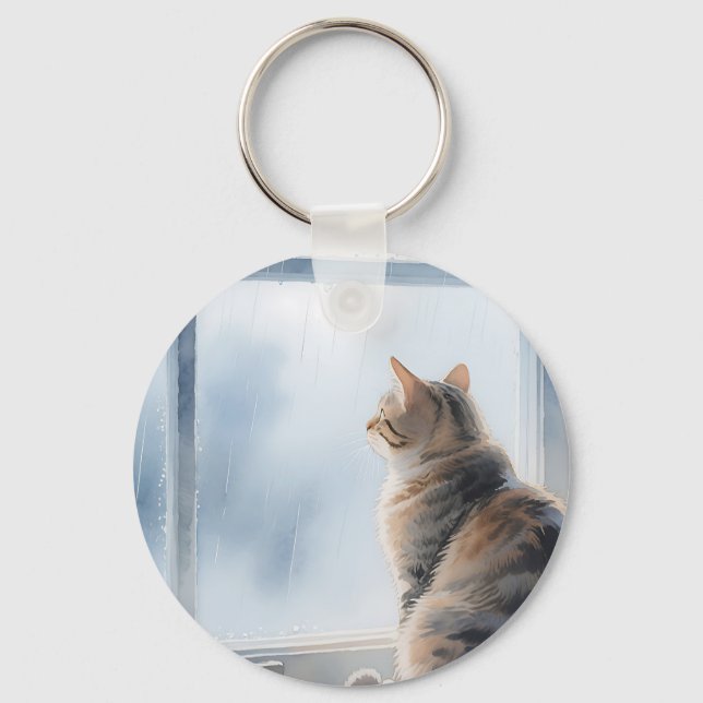 Rainy Window Watercolor Tabby Cat Key Ring (Front)