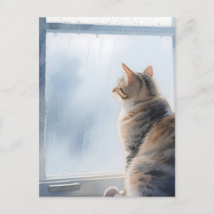 Rainy Window Watercolor Tabby Cat Postcard