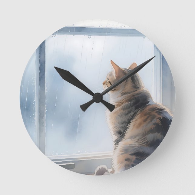 Rainy Window Watercolor Tabby Cat Round Clock (Front)