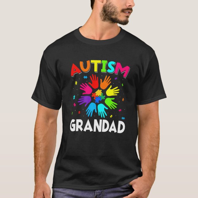 Raise Hand Autism Awareness Grandad Family Support T-Shirt (Front)