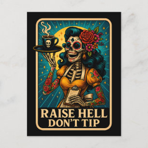 Raise Hell Skeleton Waitress Retro Holiday Postcard