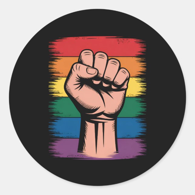 Raised Fist Pride Rainbow LGBTQ Support Rights Classic Round Sticker (Front)