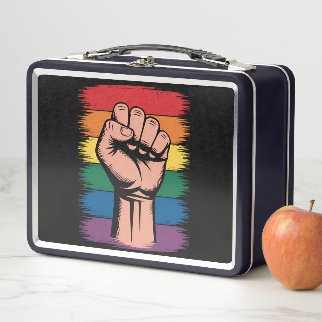 Raised Fist Pride Rainbow LGBTQ Support Rights Metal Lunch Box (In Situ)